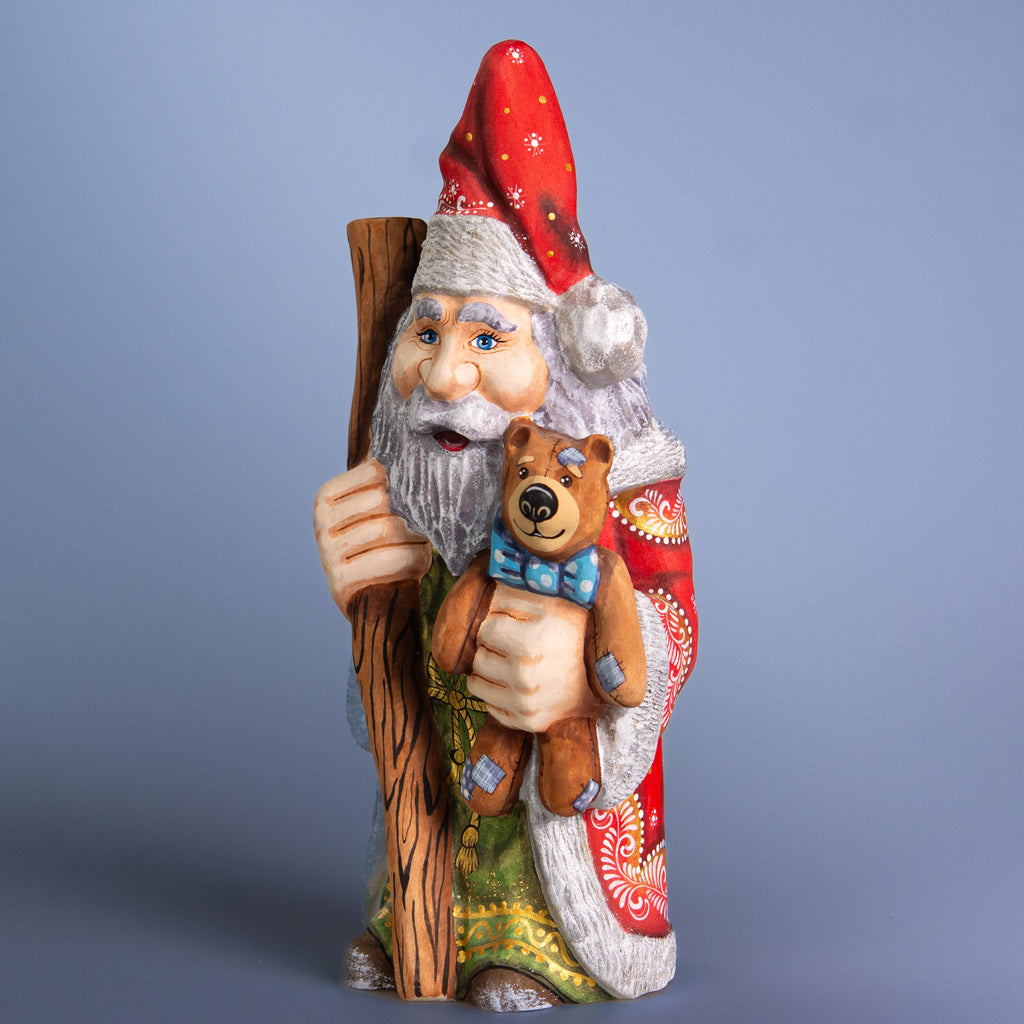 Hand carved wooden Santa figurine 10 inch, teddy bear gift, holiday mantel display