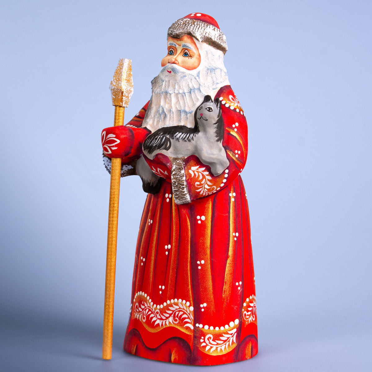 Wooden Santa figurine 9", hand carved Cat lover Accent for Mantel