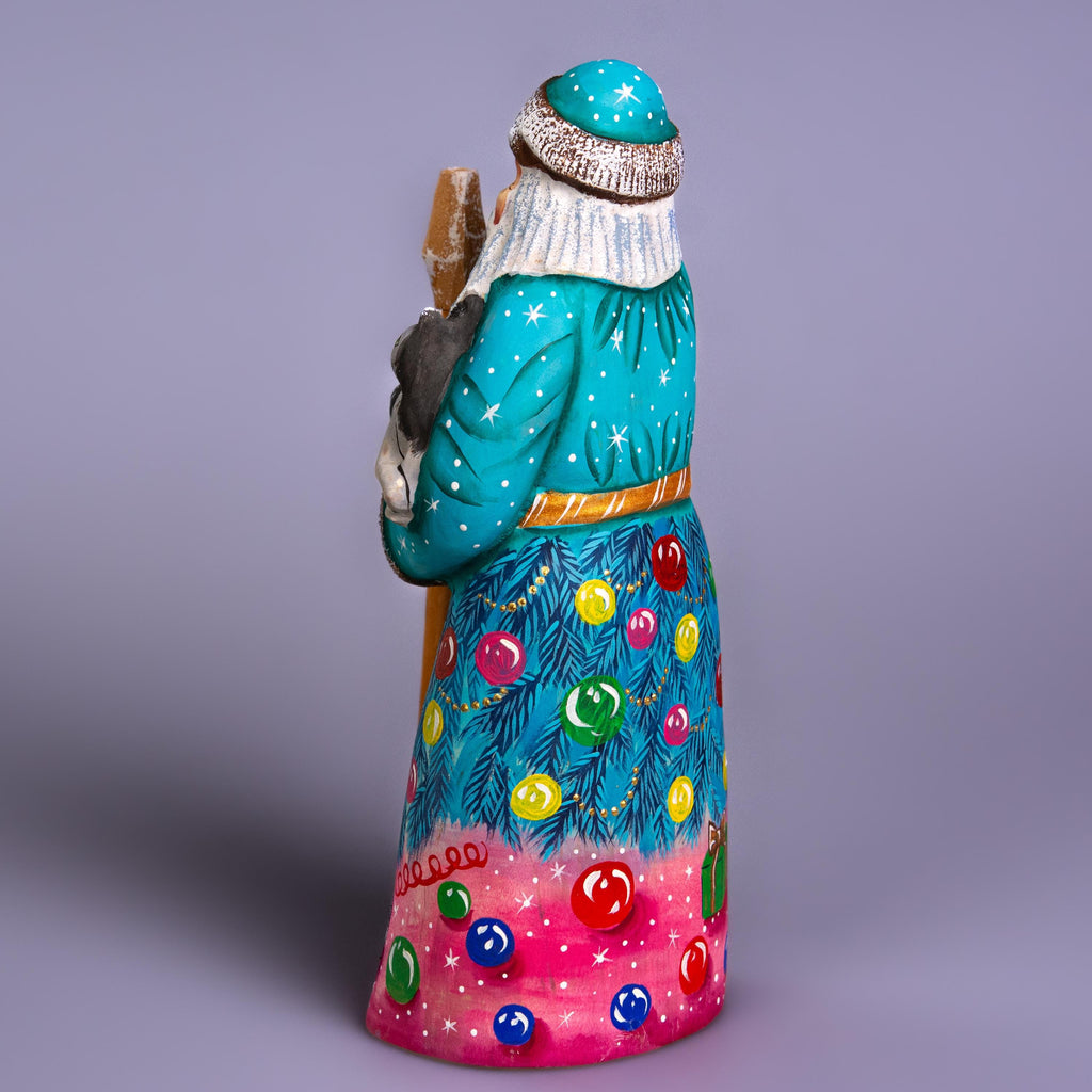 Hand Carved Wooden Santa Claus Figurine with Cat: Signed Folk Art