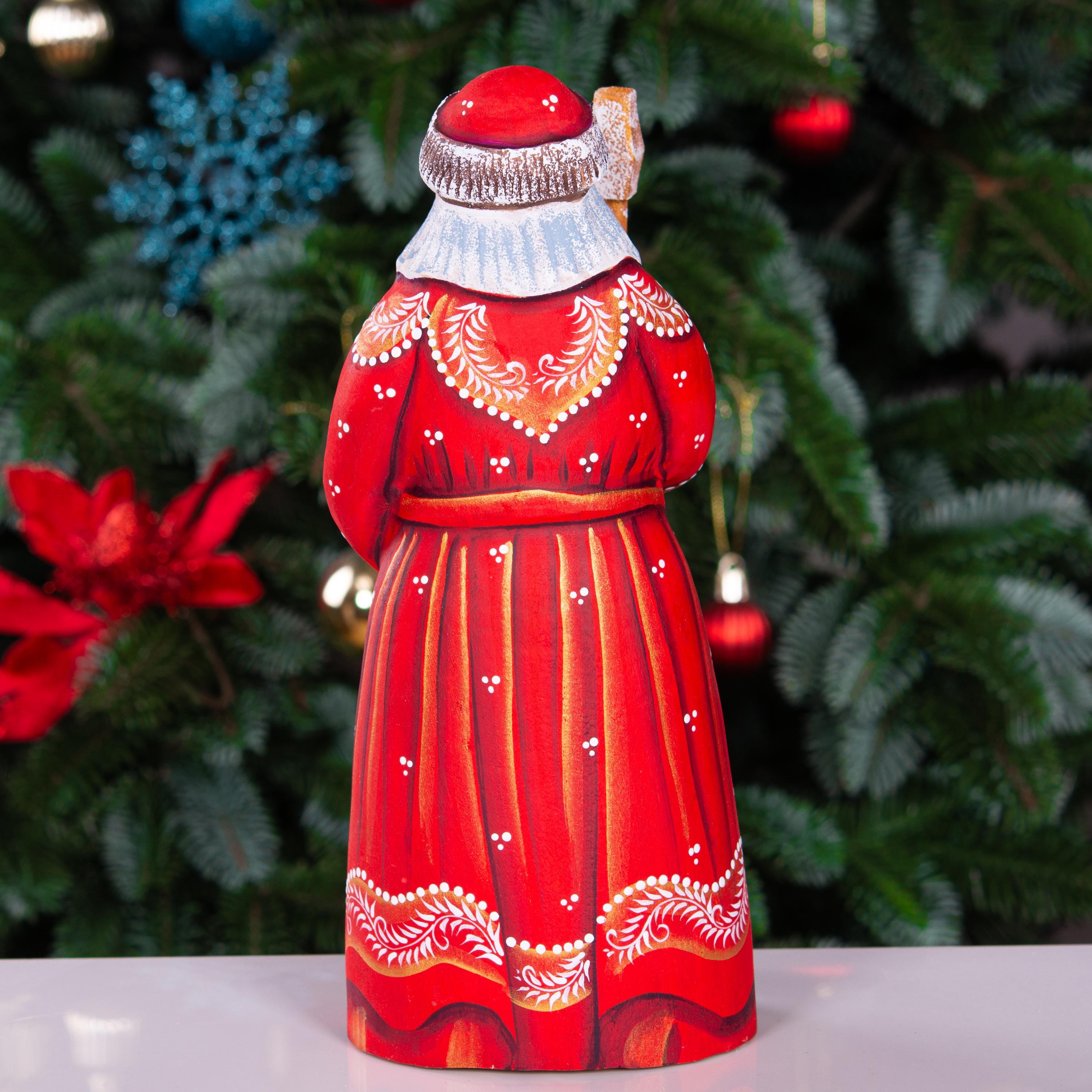 Hand Carved Wooden Santa Figurine with Puppy: Folk Art Christmas Decor