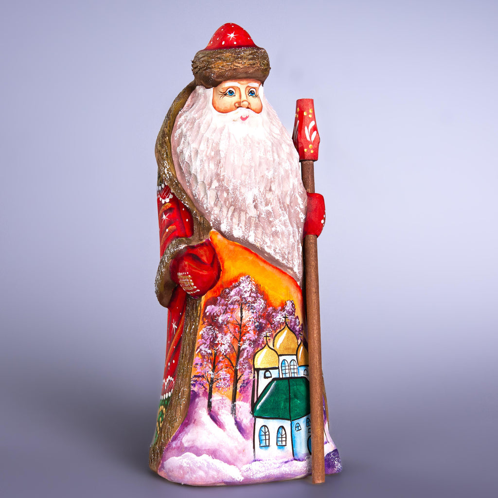 Hand Painted Santa Figurine: Carved Wood, Church Scene, Signed