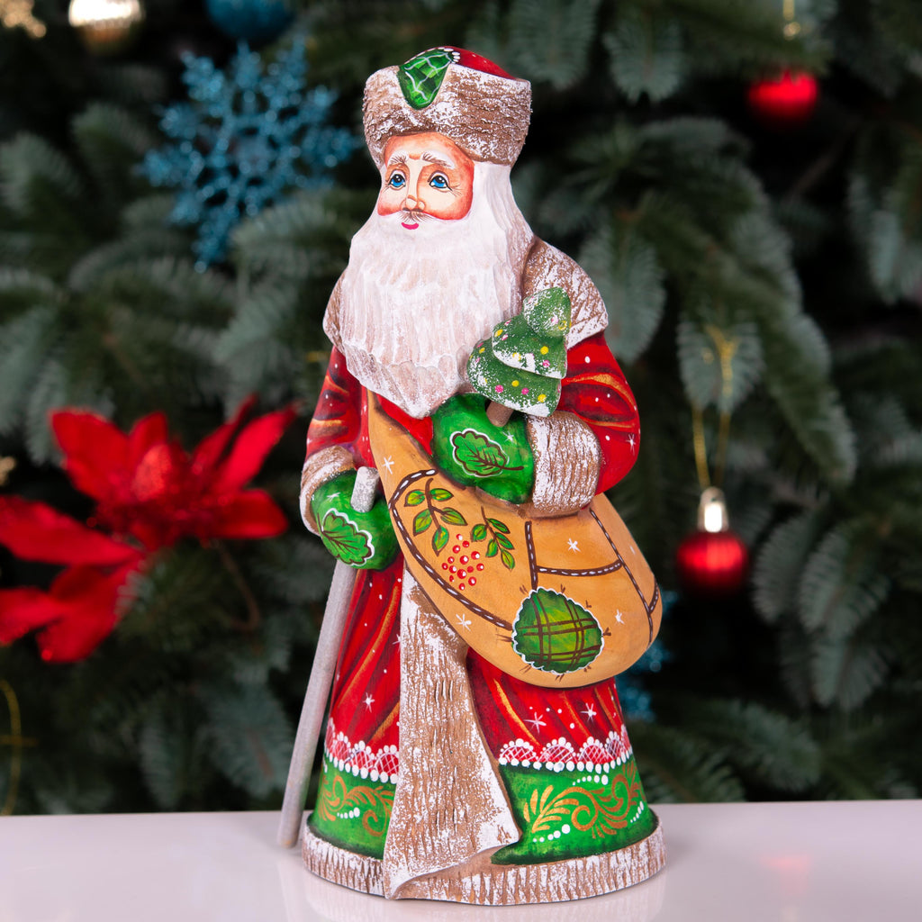 Hand-Carved Wooden Saint Nicholas Figurine 9", Small Tree, Christmas Shelf Decor