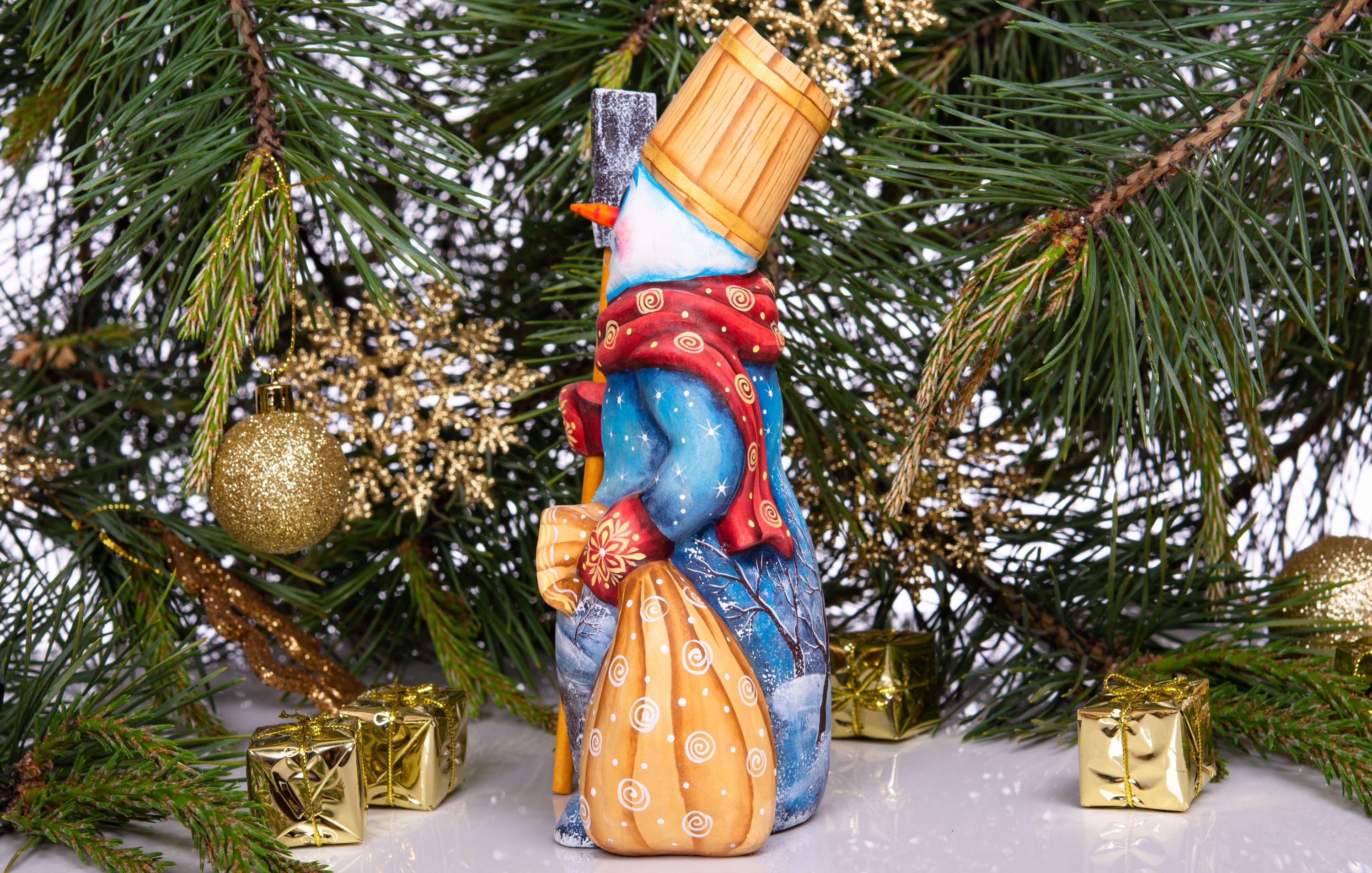 Snowman wooden figurine 8 inch, broom and sack, tabletop accent