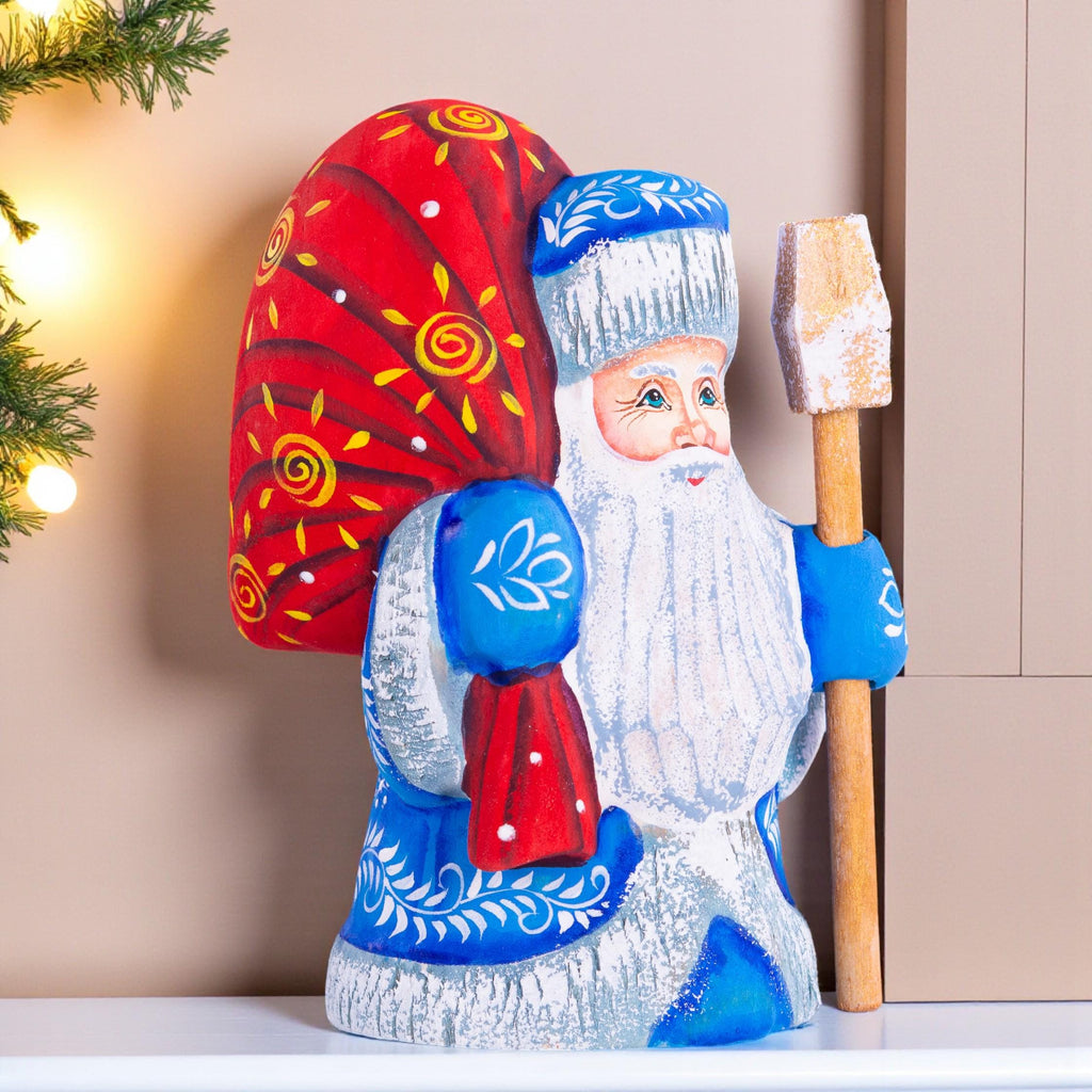 Hand Carved Wood Santa Figurine: Blue Coat Folk Art Collectible