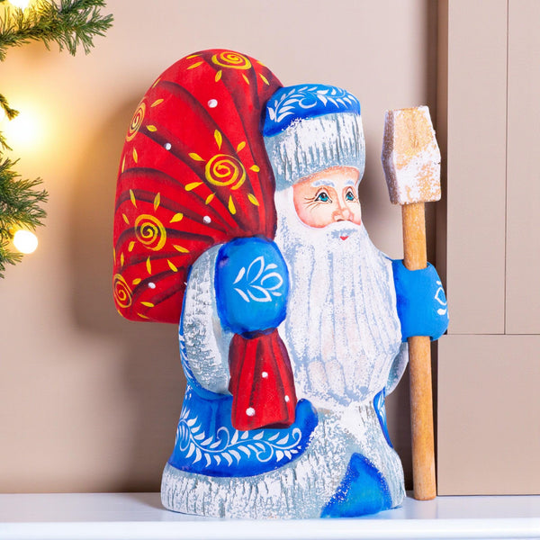 Hand Carved Wood Santa Figurine: Blue Coat Folk Art Collectible