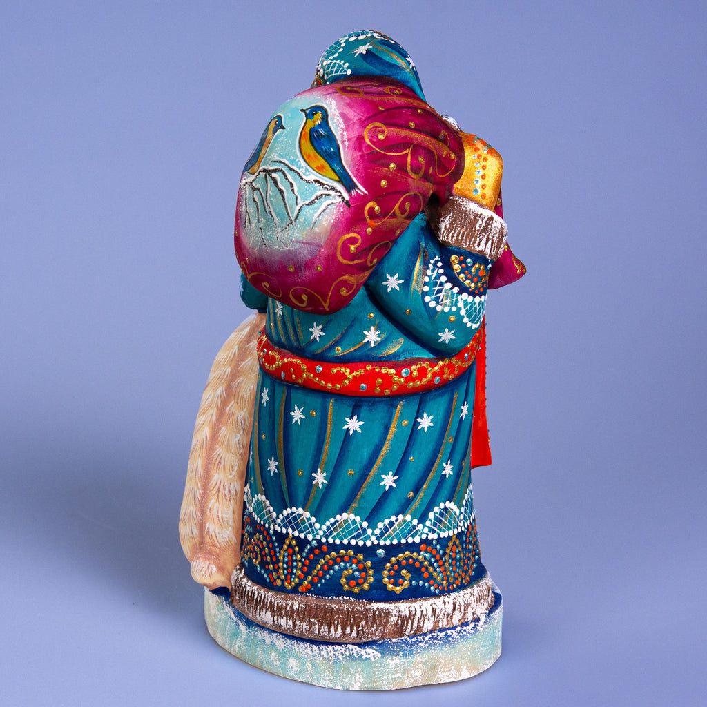 Blue Santa with Polar Bear Cub, 9" Hand Carved Wooden Figurine