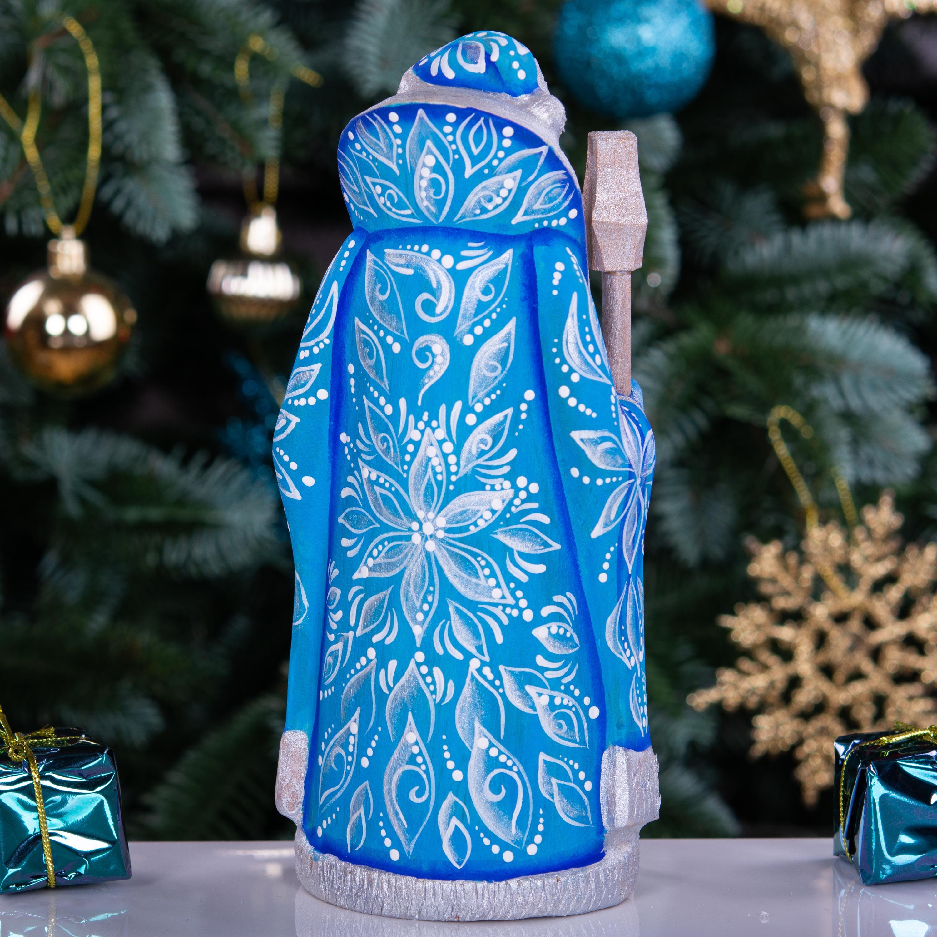 Hand carved blue Santa figurine 7 inch, owl painting, Nordic folk art centerpiece