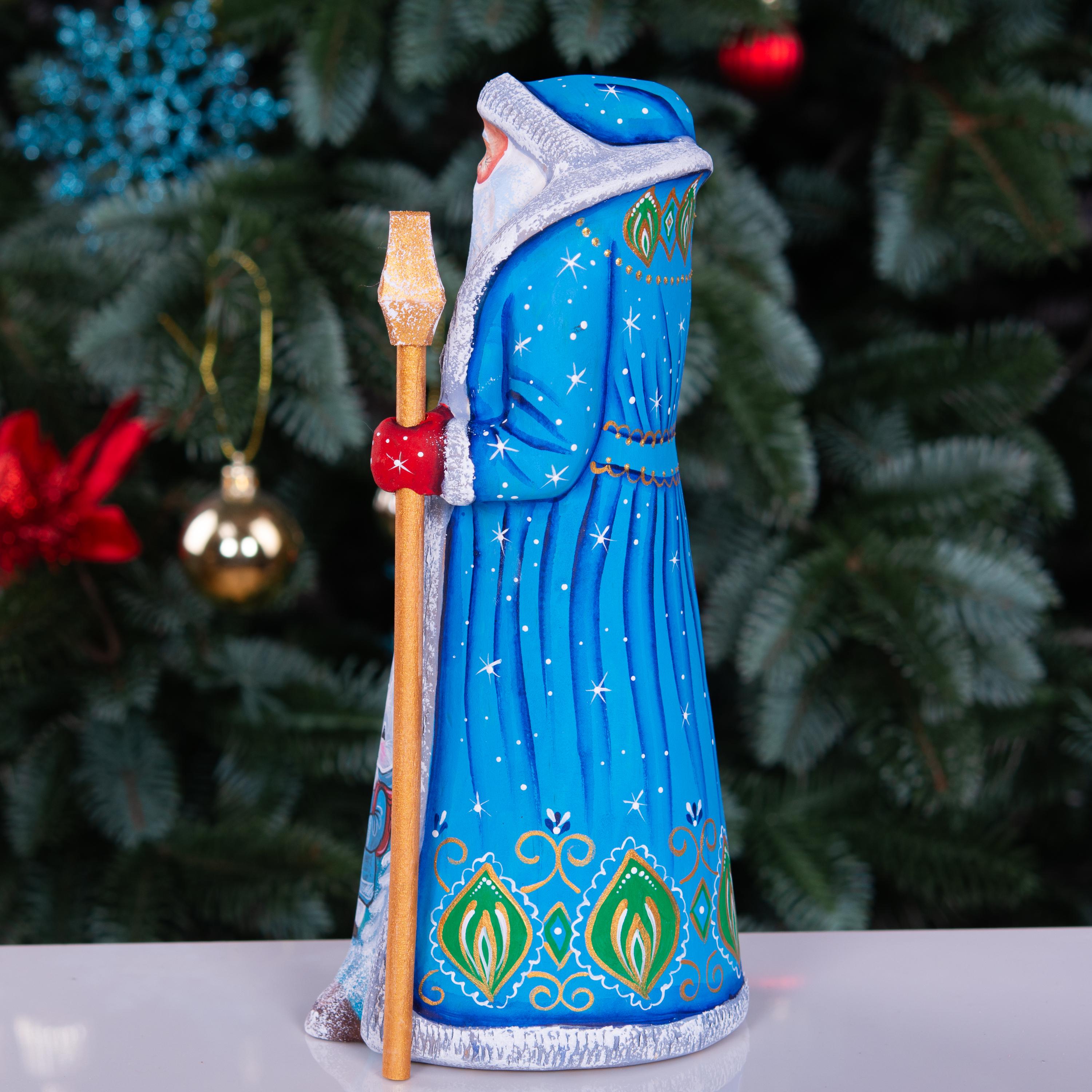 Hand carved Santa wooden figurine 9 inch, rabbits and lantern scene