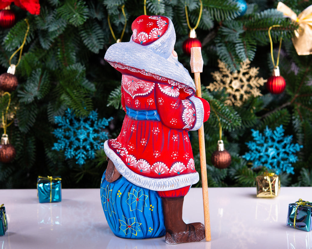 Hand carved wooden Santa figurine 9.4 inch, toy sack and staff, holiday mantel decor