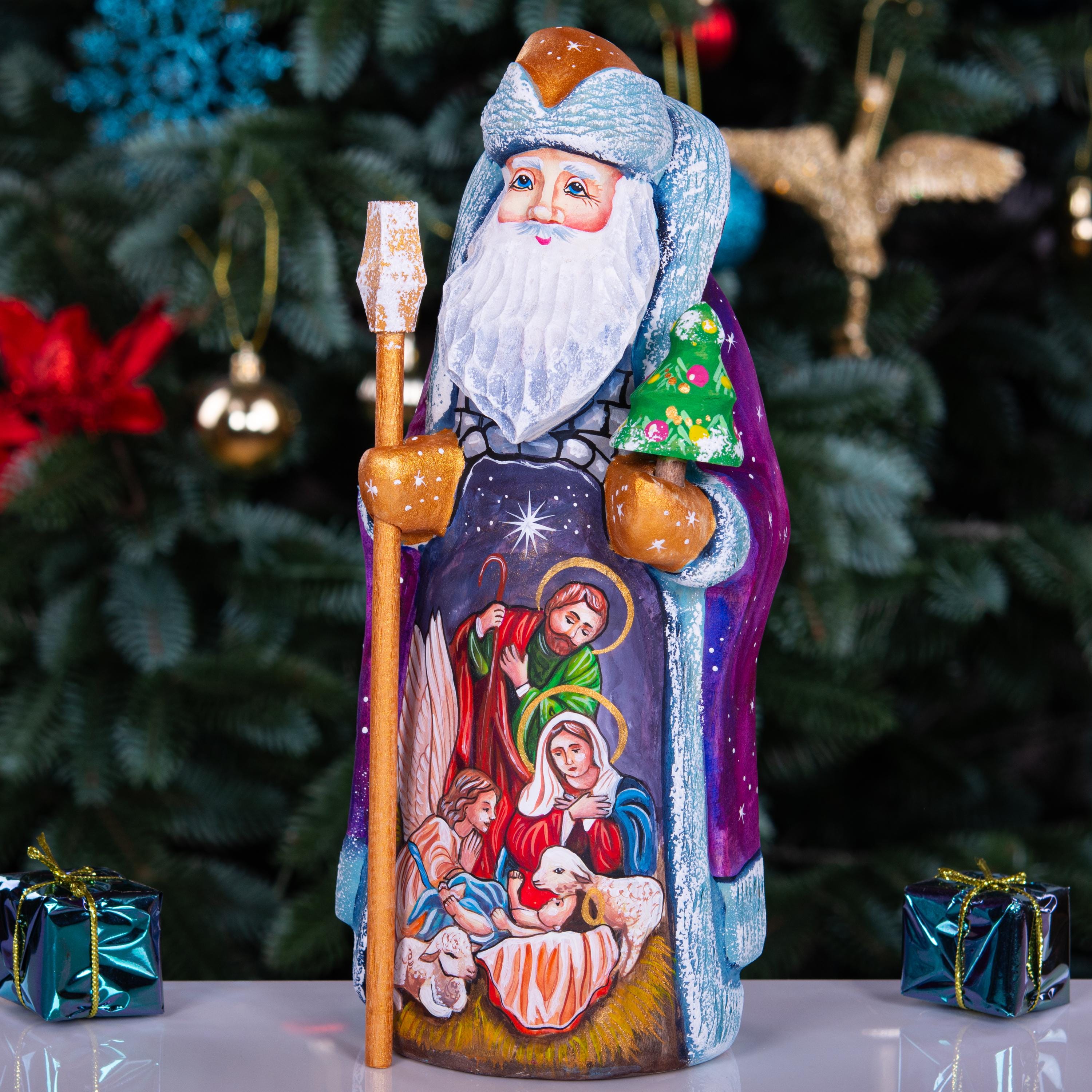 Wooden Santa figurine 9", Nativity Holy Family, Artist Painted Folk Art