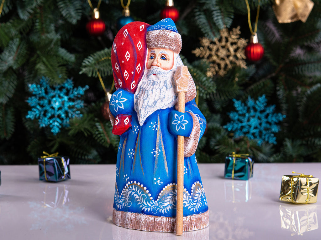 Santa figurine with staff, hand painted carved wood, shelf decor, 8.3 inch