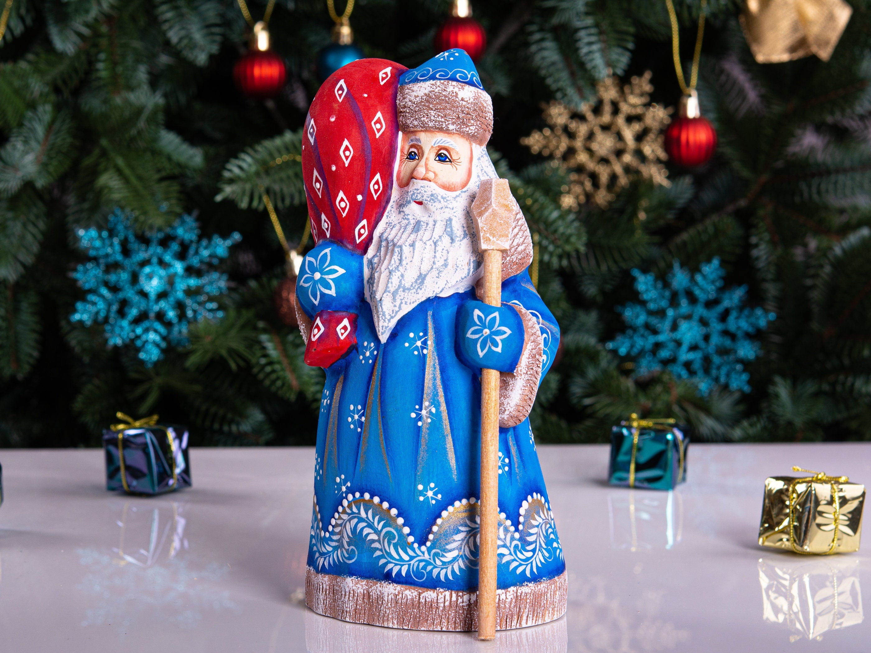 Santa figurine with staff, hand painted carved wood, shelf decor, 8.3 inch