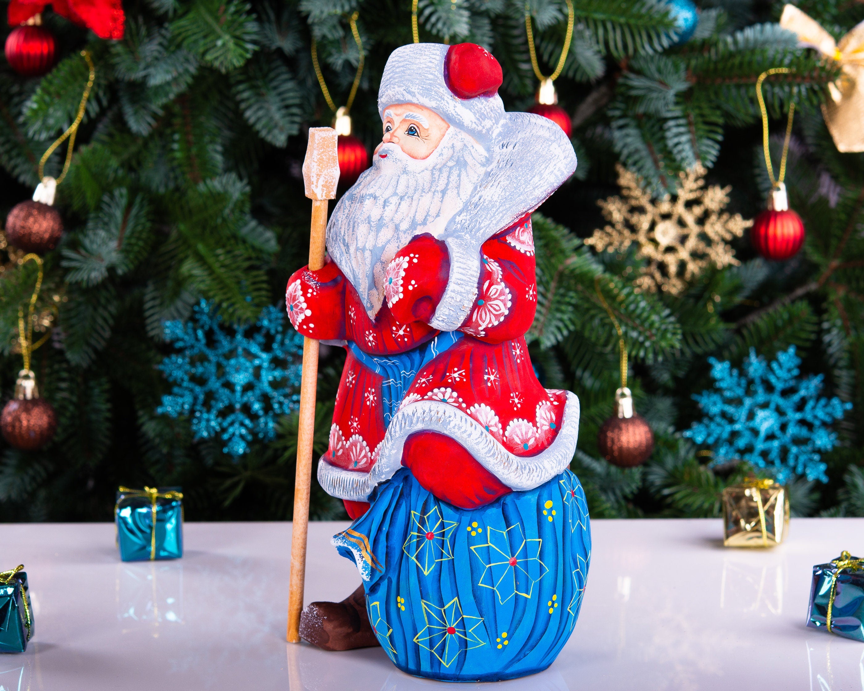Hand carved wooden Santa figurine 9.4 inch, toy sack and staff, holiday mantel decor