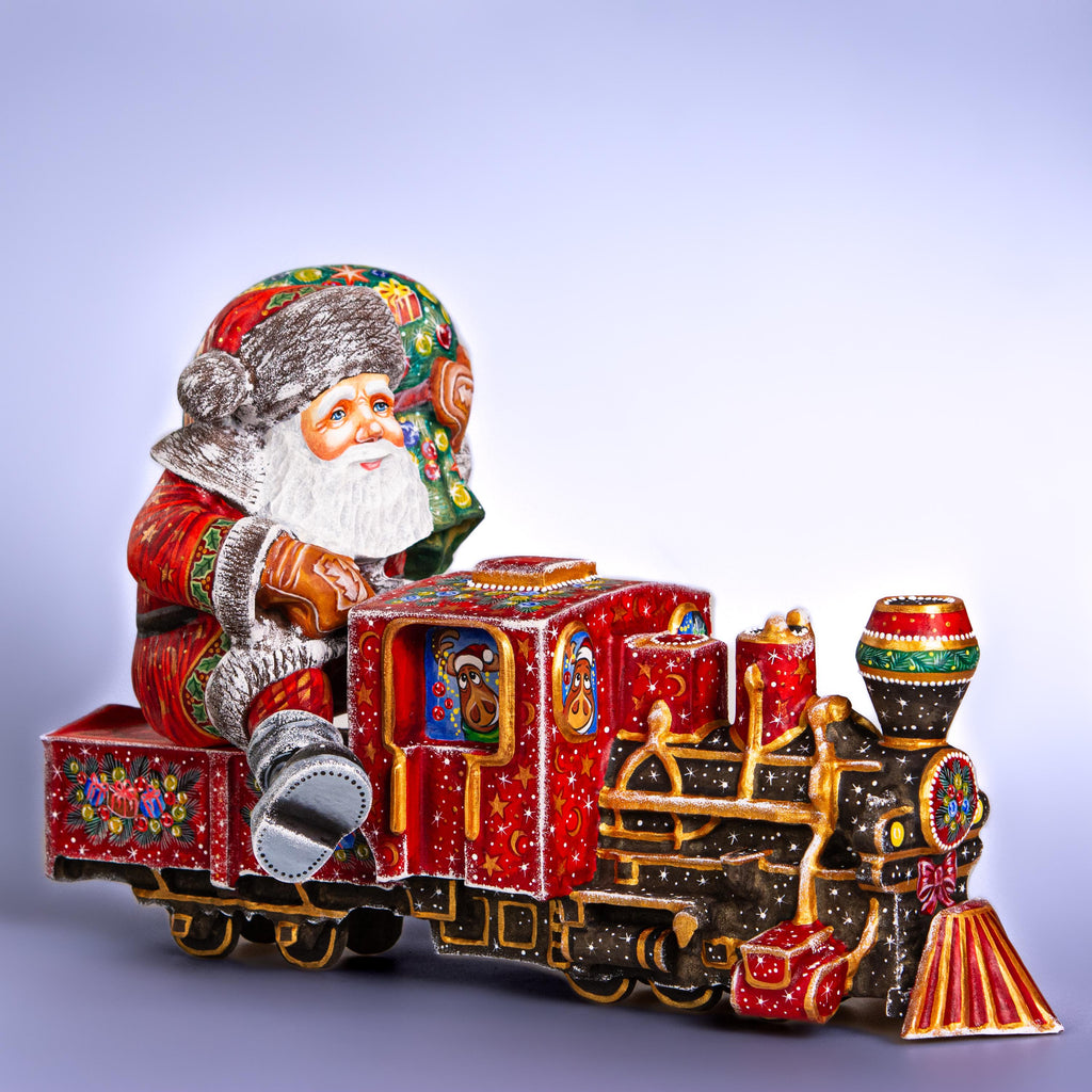 Hand-Carved Wooden Santa Claus Riding Christmas Train – Holiday Tabletop Decor – Collectible Xmas Gift
