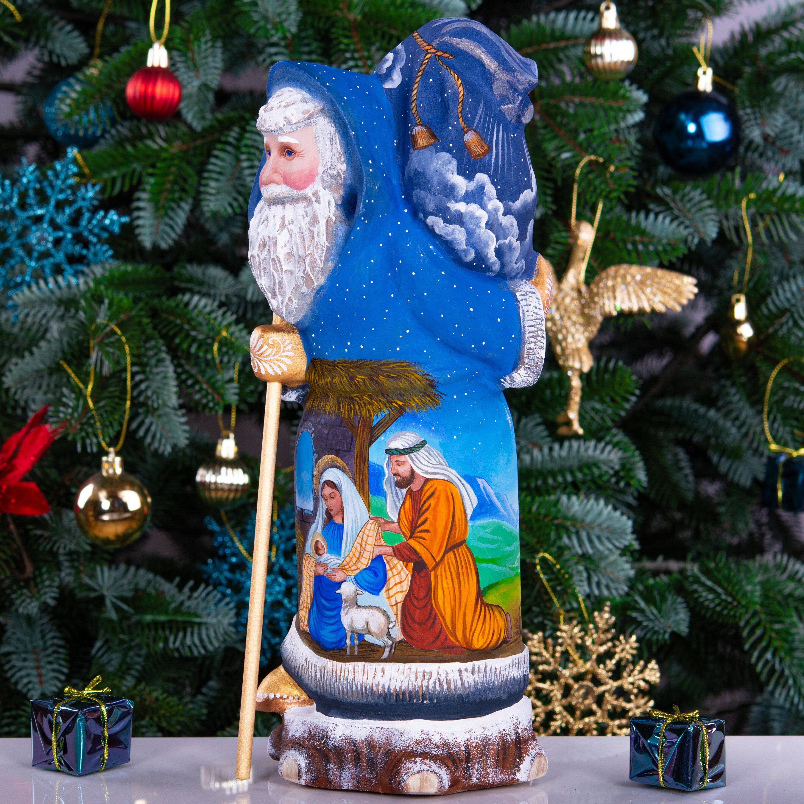 Santa Figurine 12", Holy Night Nativity, Hand Carved Wood