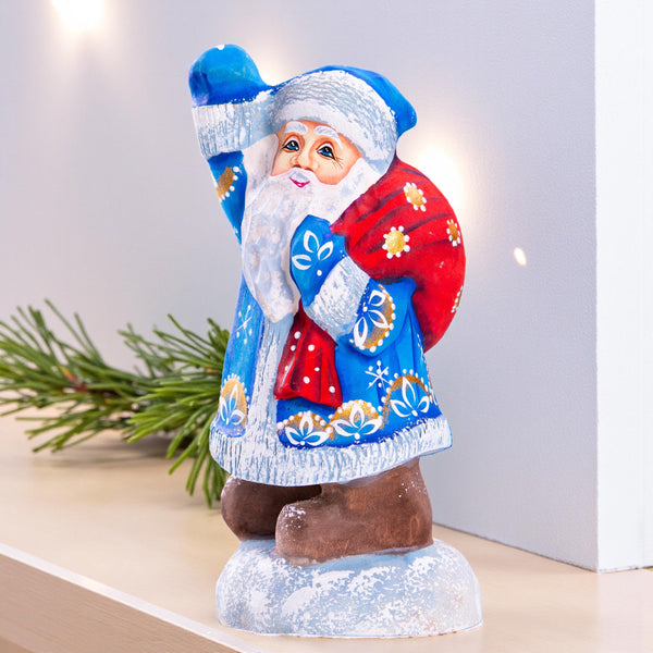 Hand carved blue Santa wooden figurine 6.3 inch, gift sack shelf decor