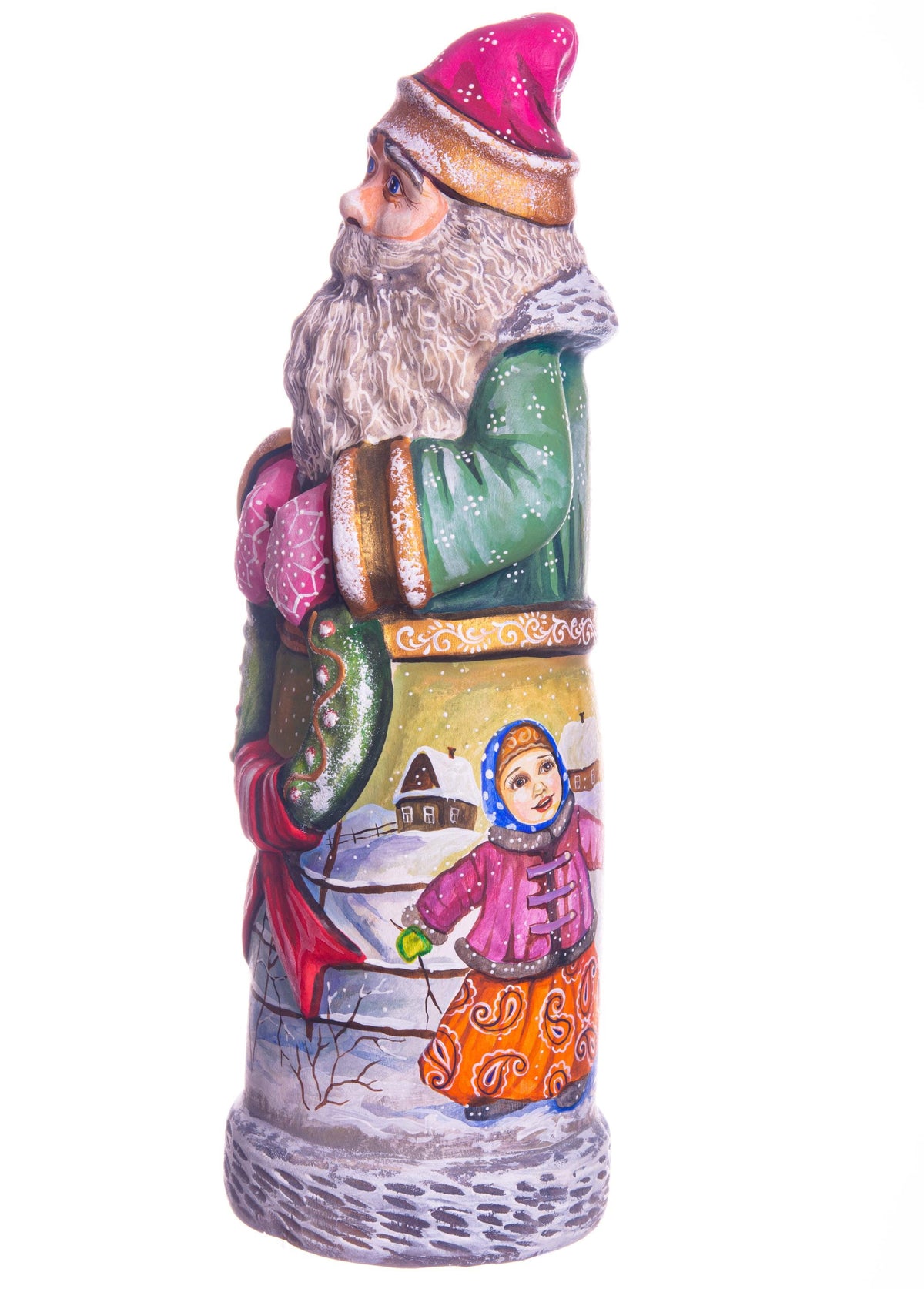 Hand carved green Santa wooden figurine 11 inch, children snowman scene