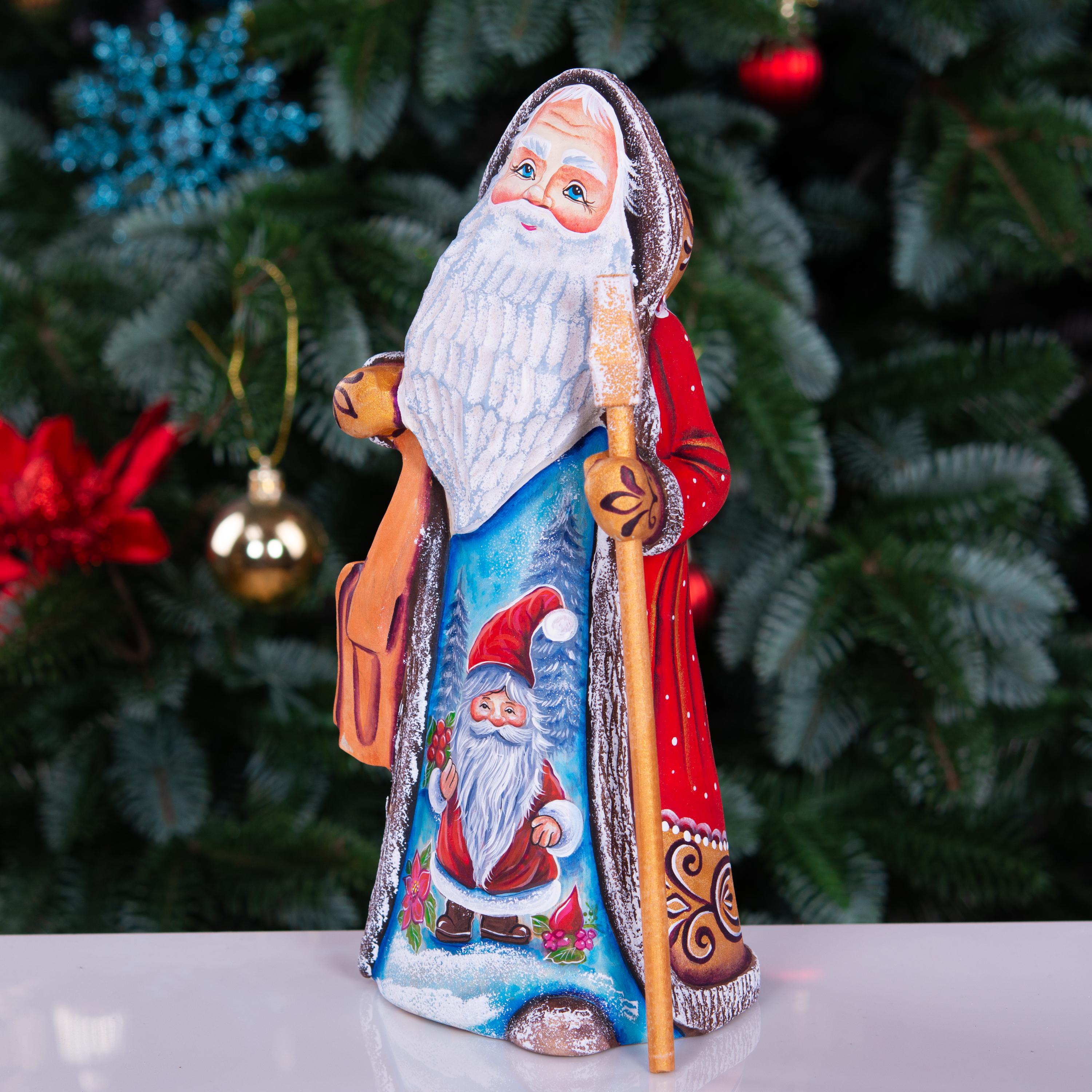 Old World Santa wooden figurine 9 inch, staff and satchel