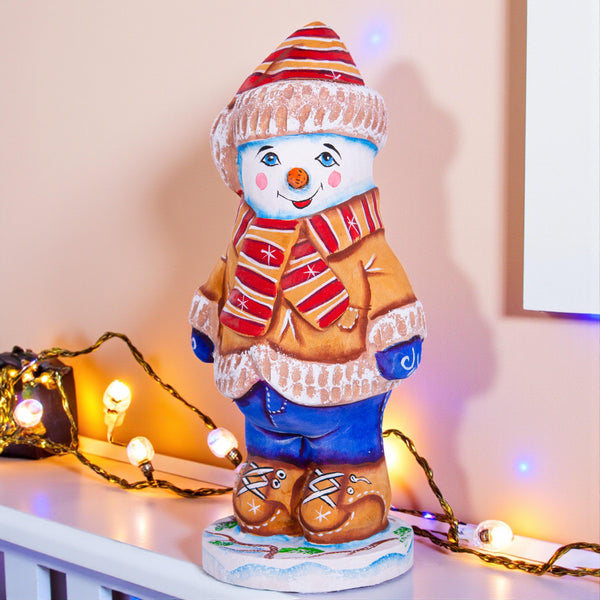 Hand-Carved Wooden Snowman Figurine: Christmas Holiday Decor (6 inch)