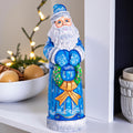 Blue Santa wood carving 11.5 inch, holding wreath, Christmas shelf or mantel decor