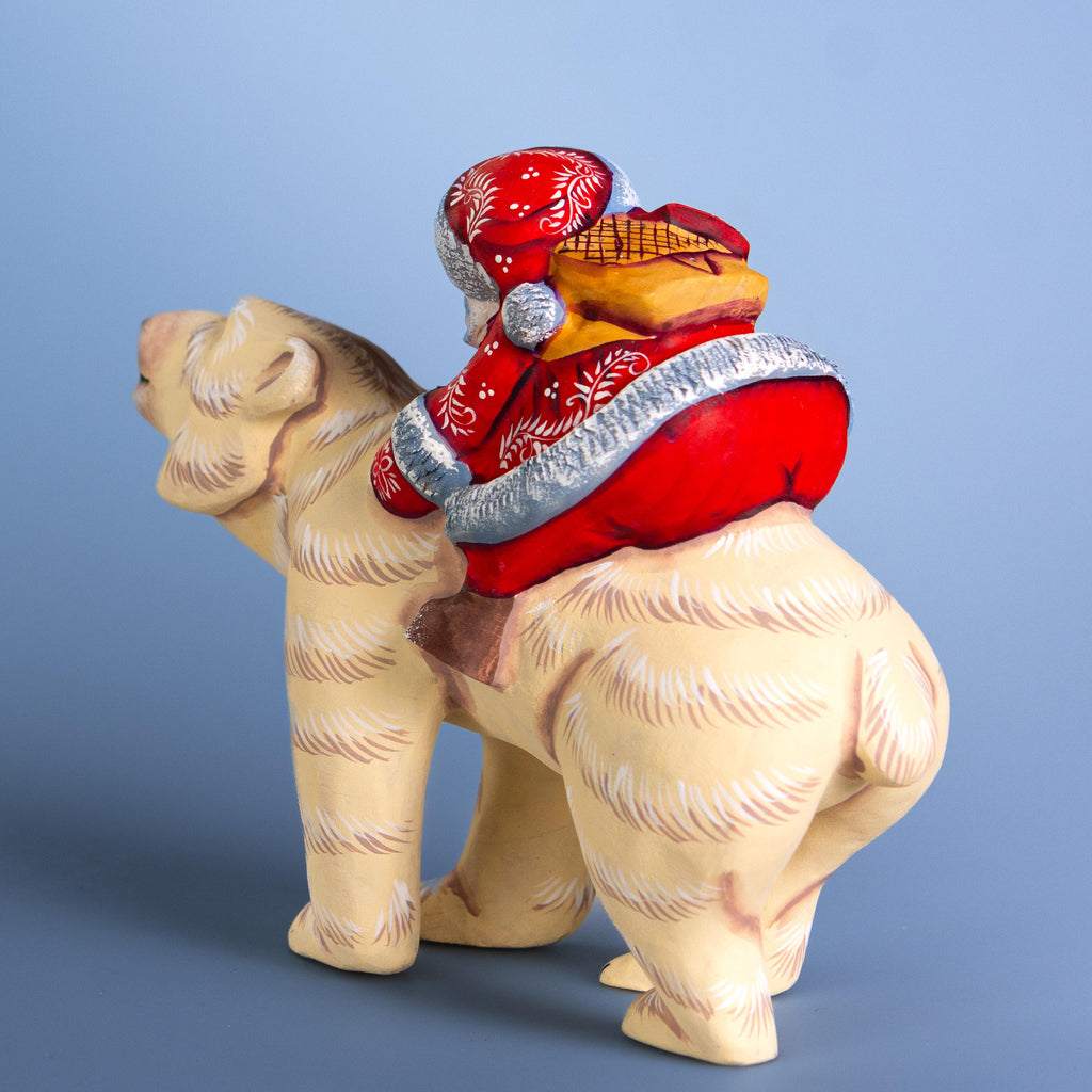 Hand-Carved Wooden Santa Riding Bear Figurine: Christmas Holiday Decor