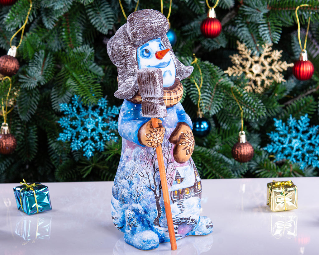 Snowman figurine in ushanka, hand painted landscape, 9.1 inch