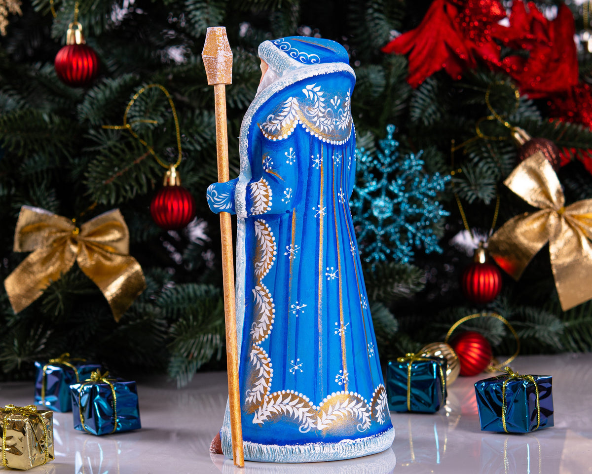 Hand carved Santa wooden figurine 8.7 inch with staff, folk art mantel decor