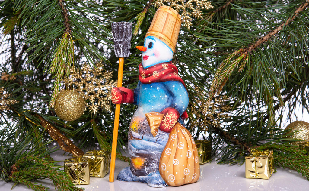 Snowman wooden figurine 8 inch, broom and sack, tabletop accent