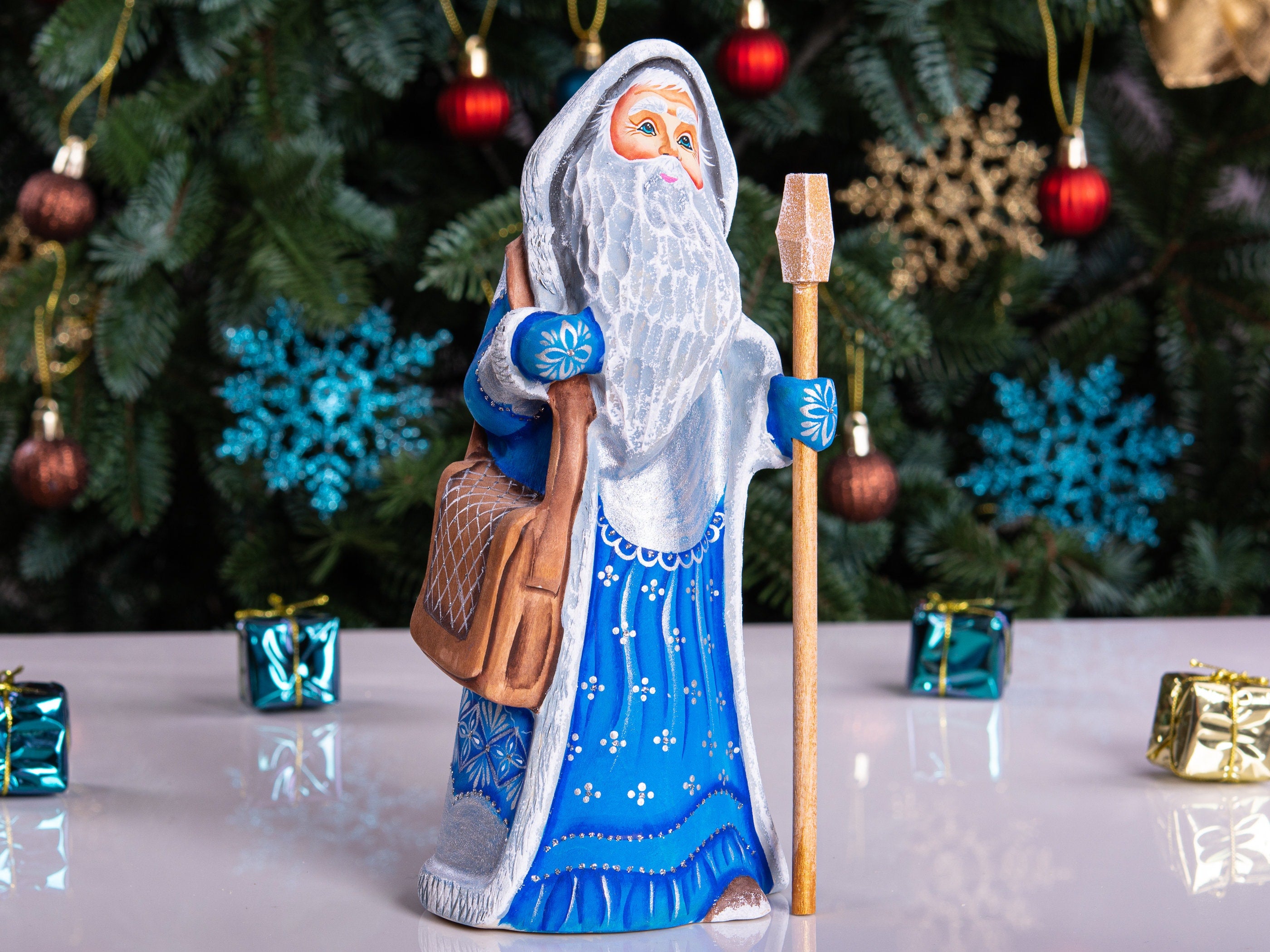 Hand carved Santa wooden figurine 9.1 inch with staff, satchel, heirloom mantel shelf decor