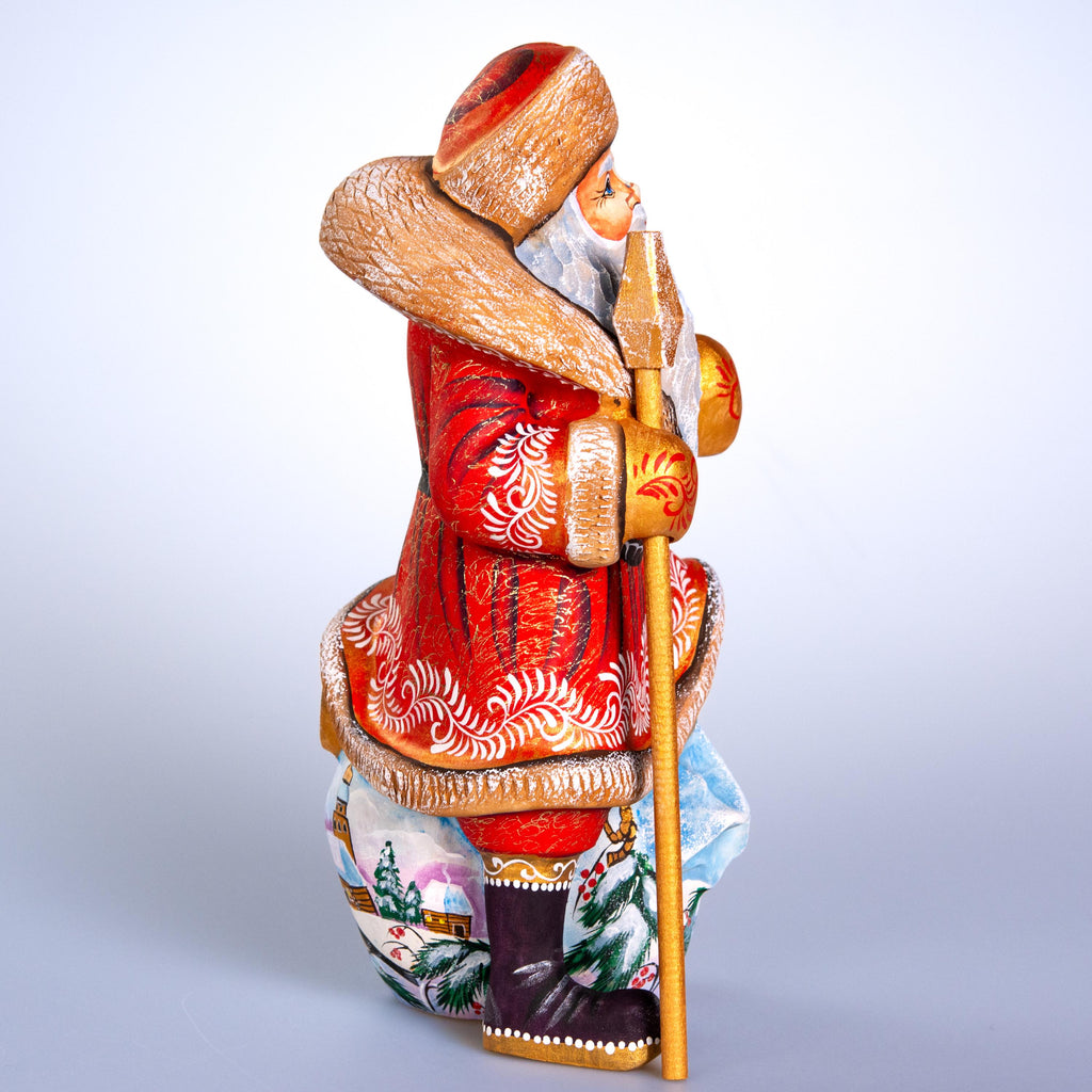 Hand carved Santa wooden figurine 9.7 inch, winter birds village scene