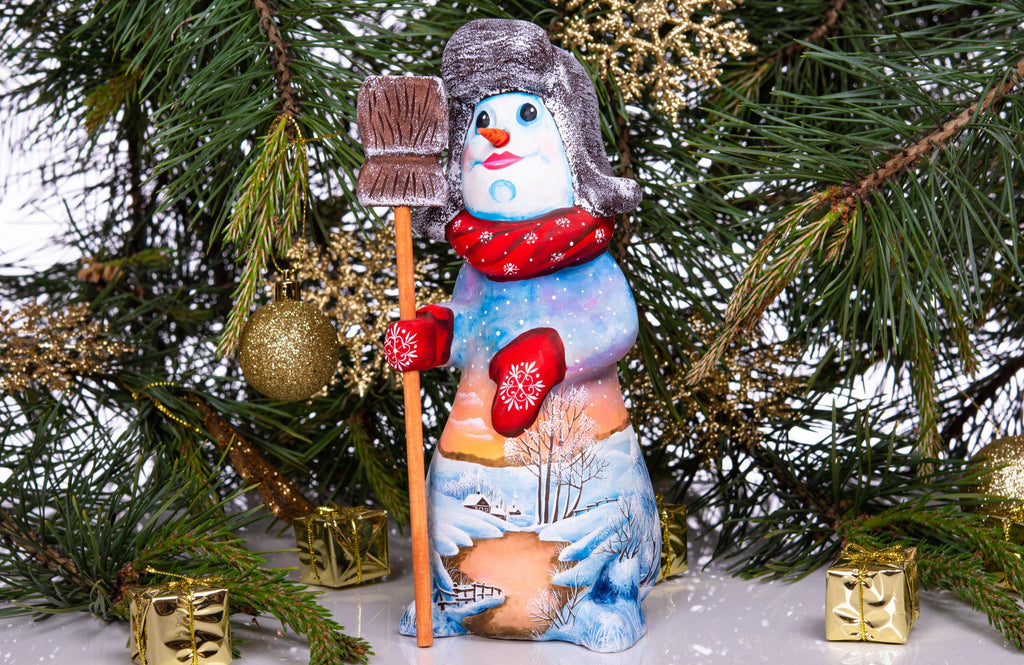 Hand carved snowman wooden figurine 9.1 inch, holding broom, shelf decor