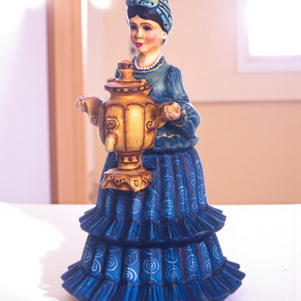Hand carved hostess with samovar wooden figurine 7.5 inch, folk art decor