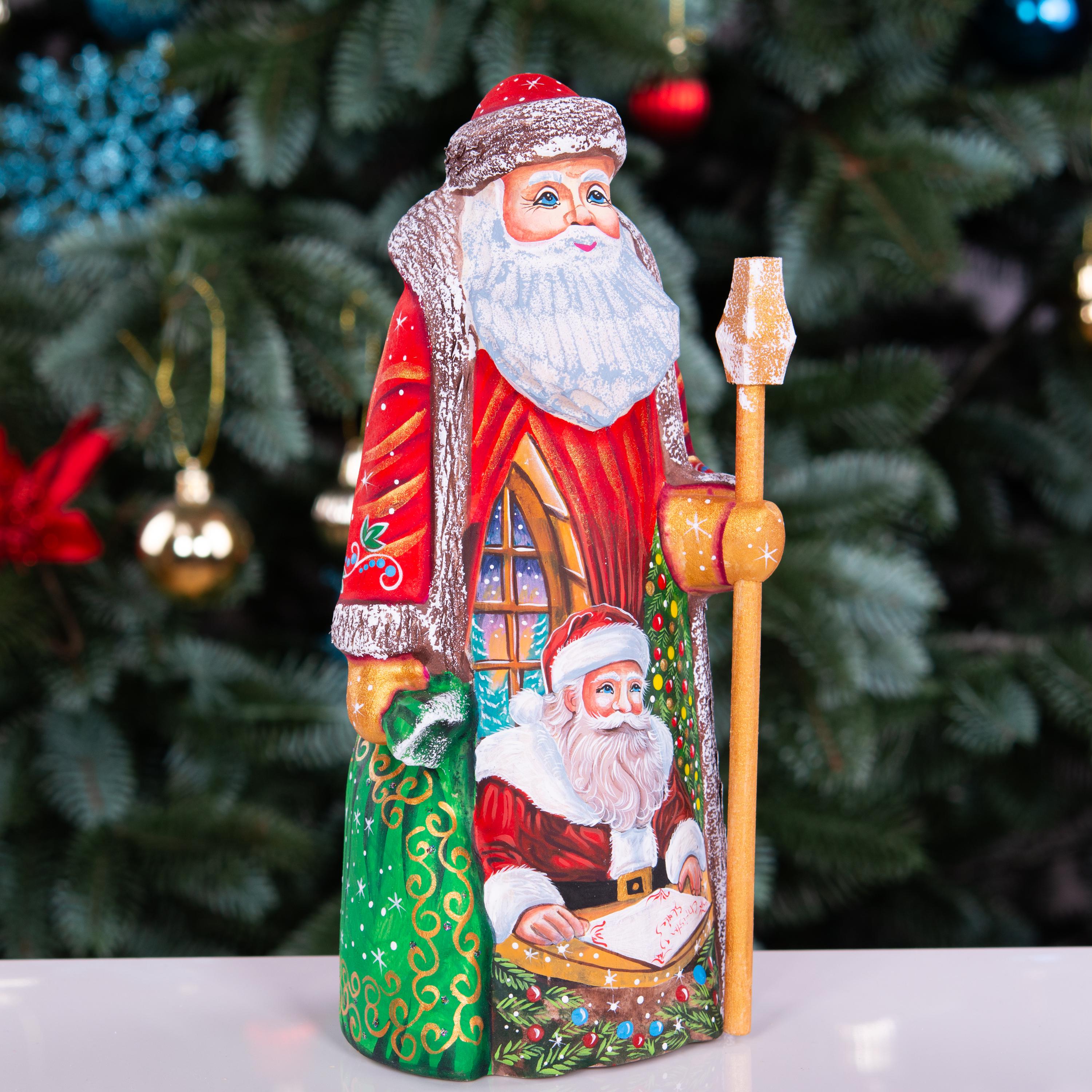 Hand carved wooden Santa, storybook Christmas list vignette, 9.1 inch