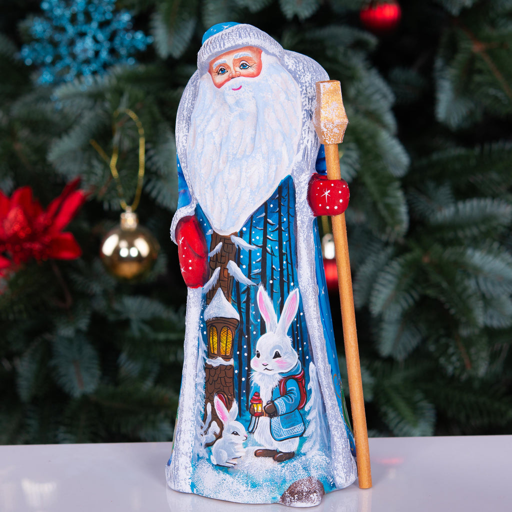 Hand carved Santa wooden figurine 9 inch, rabbits and lantern scene