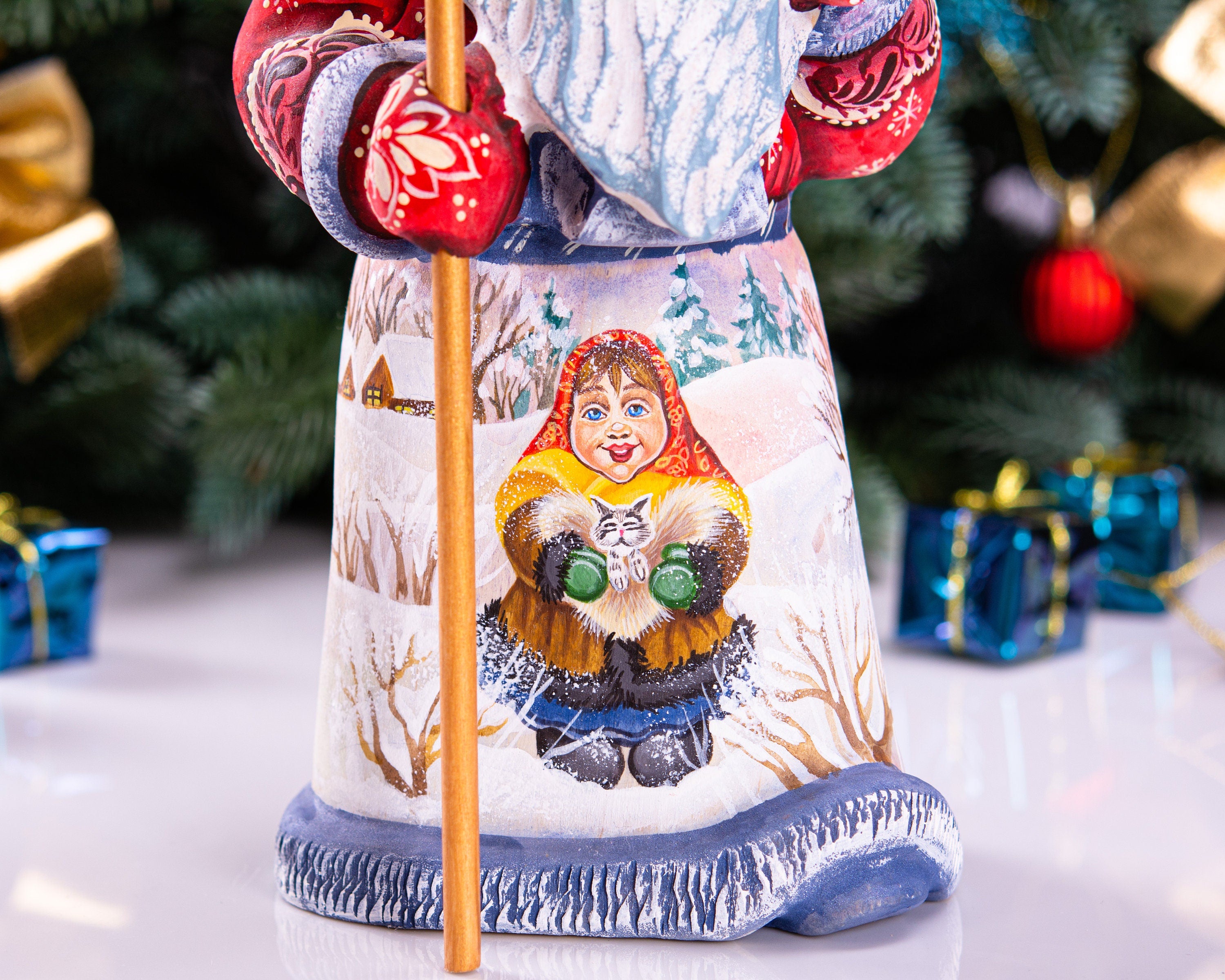 Carved wooden Santa figurine 9 inch, child holding kitten, collectible folk art decor