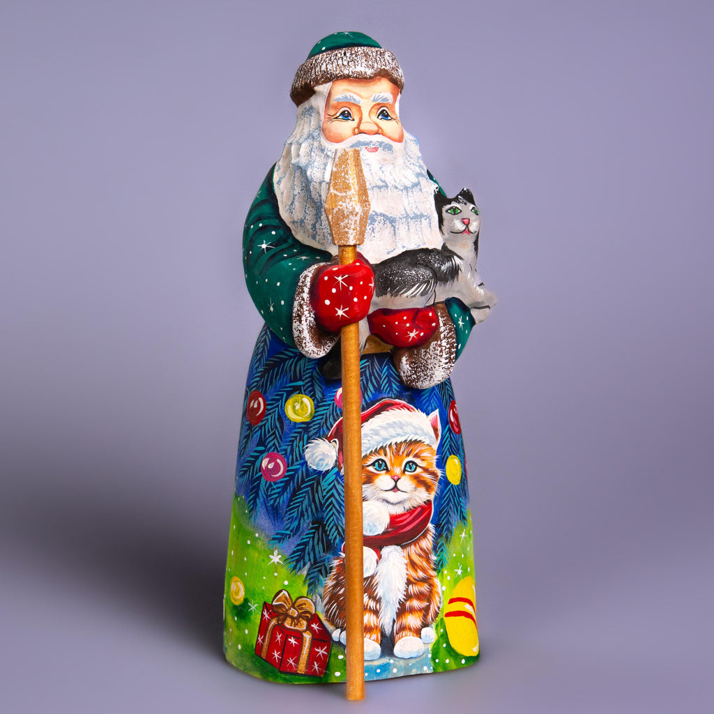 Hand carved Santa with kitten wood figurine 9 inch, cat lover mantel decor