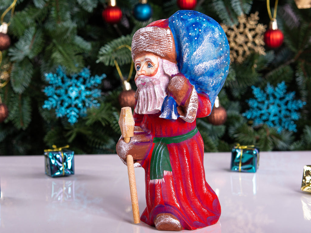 Hand carved Santa wood figurine 8 inch, Holy Family painting, tabletop Christmas decor