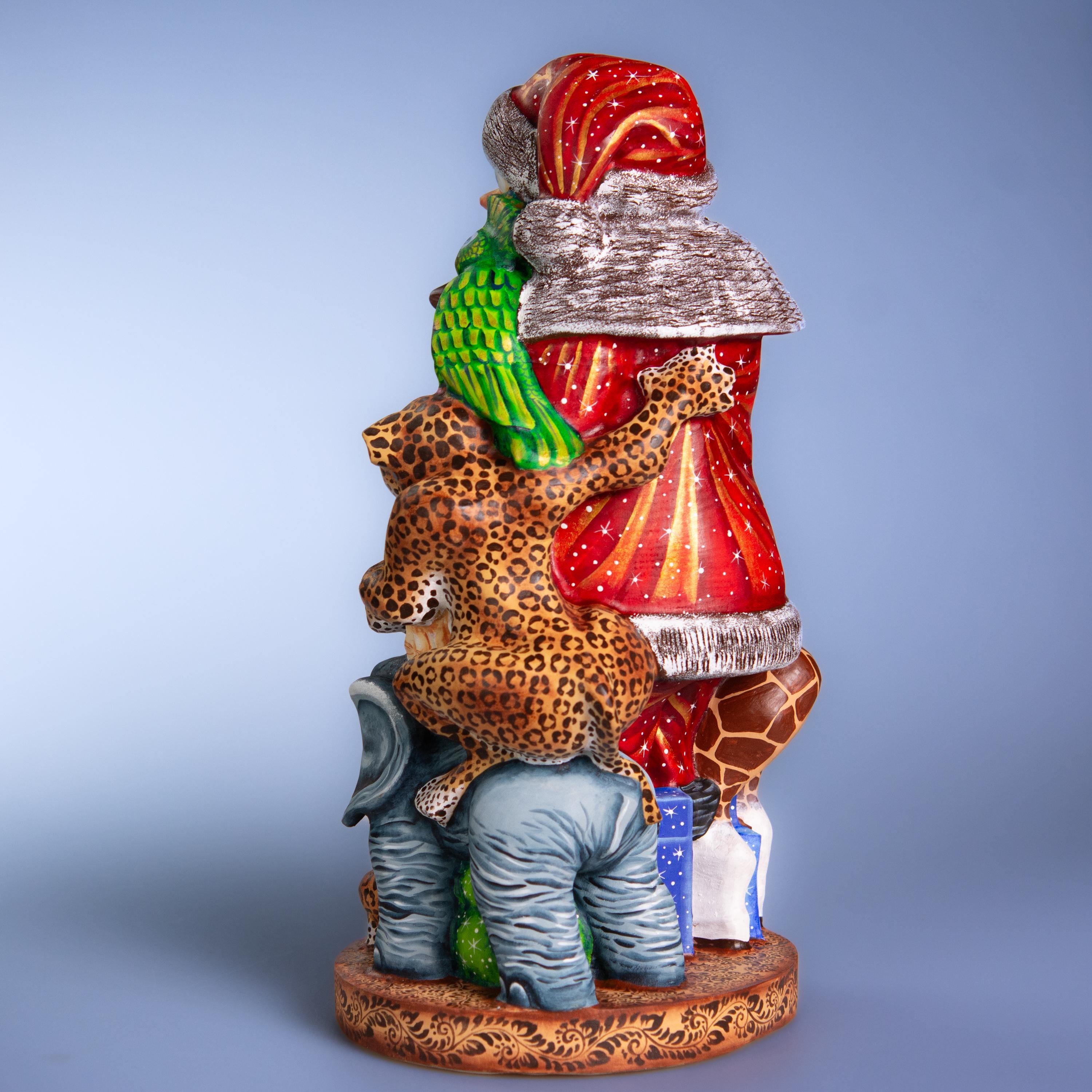 Collector Wooden Santa figure 14 inch, folk art safari animal scene