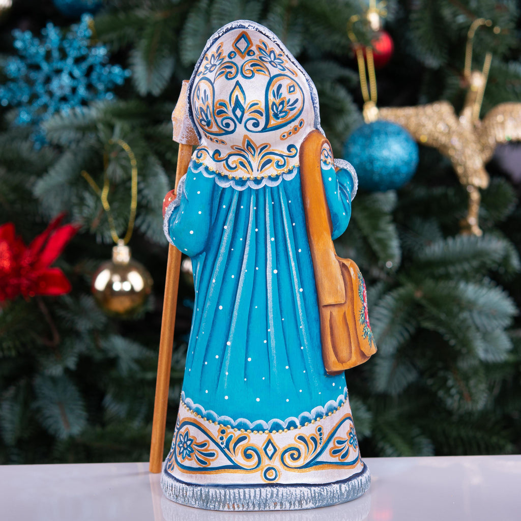 Wooden Santa Figurine Hand Carved 8.7" – Hooded Blue Father Christmas