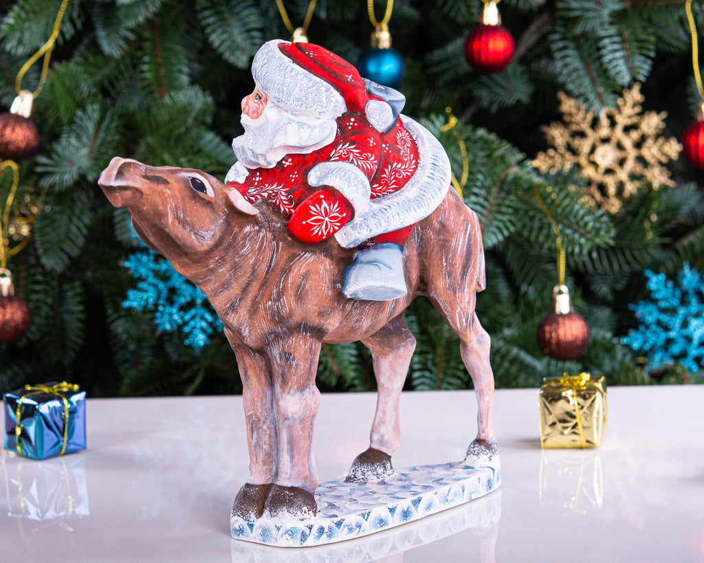 Hand carved wooden Santa riding reindeer figurine 8 inch, Nordic folk art centerpiece