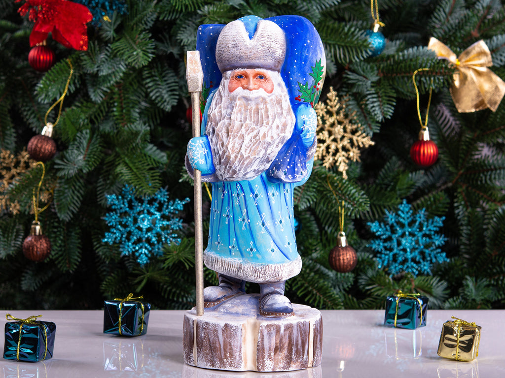 Hand carved Santa wooden statue 11 inch, folk art backpack scene