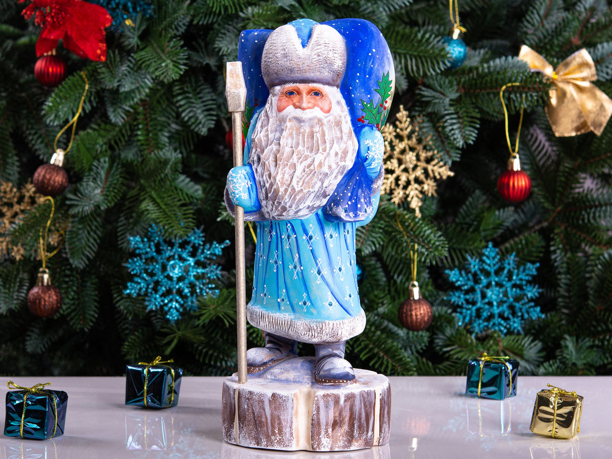 Hand carved Santa wooden statue 11 inch, folk art backpack scene