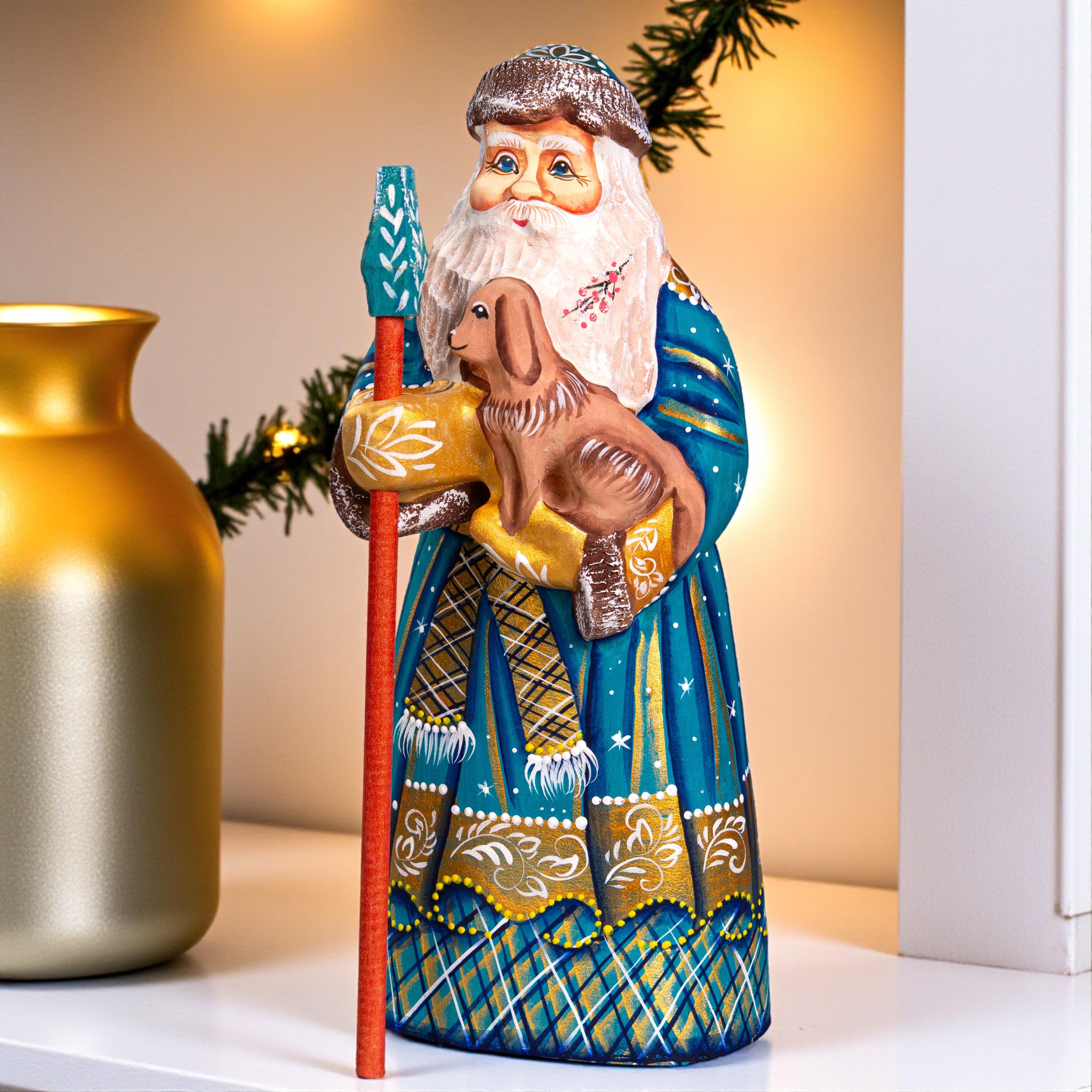 Hand Carved Wooden Santa Figurine with Dog 9 inch: Blue & Gold St. Nicholas