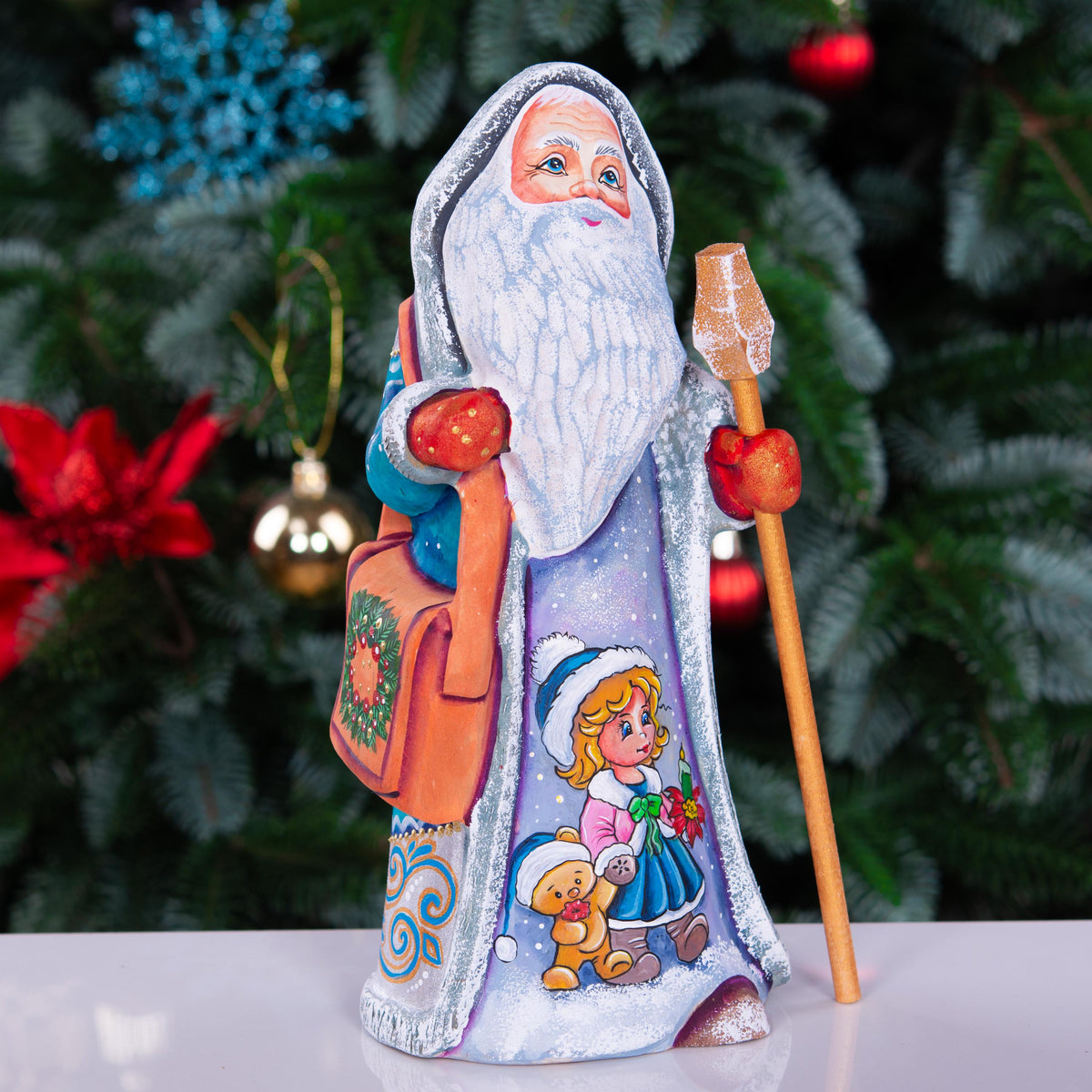 Hand carved Santa statue 9 inch, blue coat, child and teddy