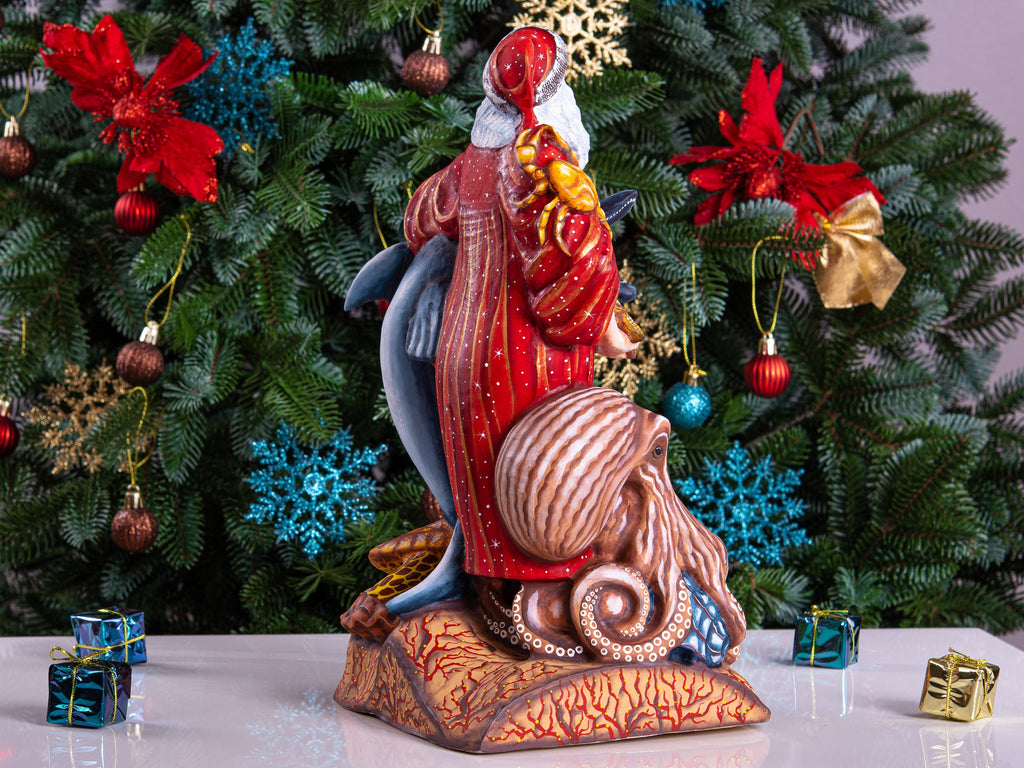 Hand-Carved Wooden Santa Claus Figurine: Ocean Theme Christmas Decor