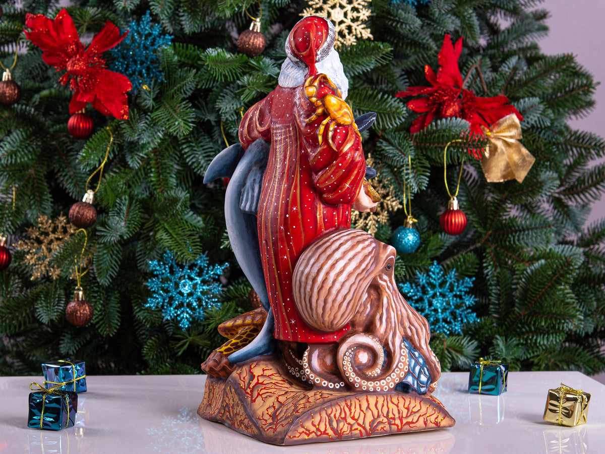 Hand-Carved Wooden Santa Claus Figurine: Ocean Theme Christmas Decor