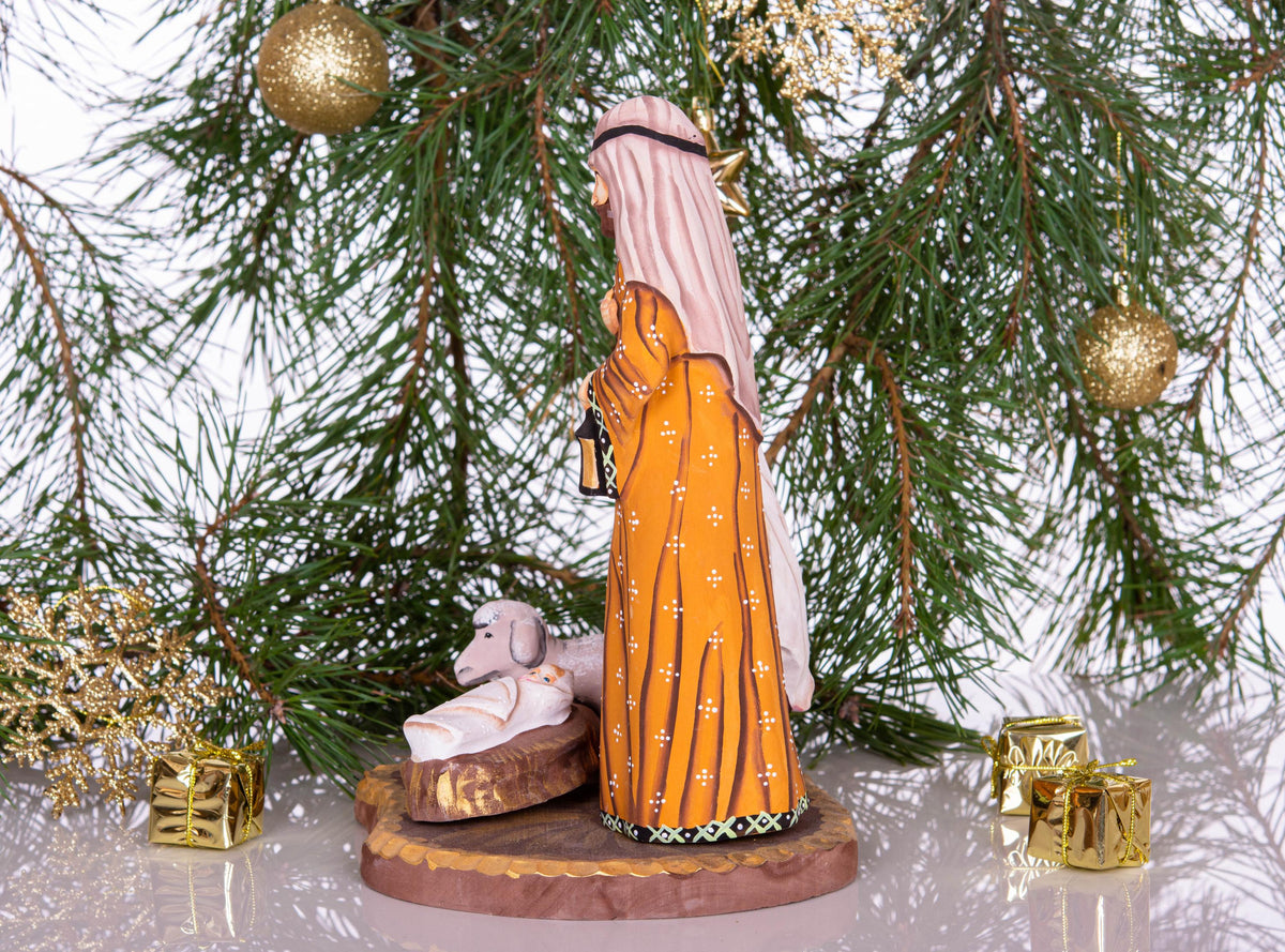Wooden Holy Family figurine 9.4 inch, hand painted creche