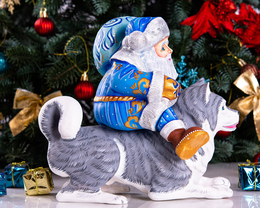Hand carved Santa riding husky dog wood carving 9 inch, rustic holiday centerpiece