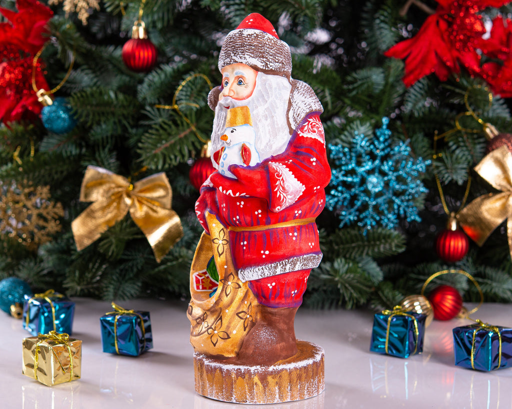 Old World Santa figurine 9.5 inch, carved wood, snowman figure, tabletop centerpiece decor