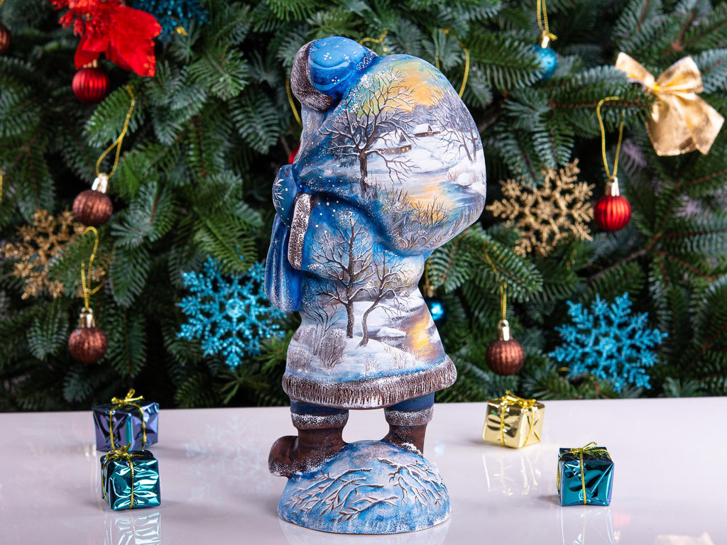 Hand carved Old-World Santa wooden figurine 11 inch, winter village landscape, mantel decor